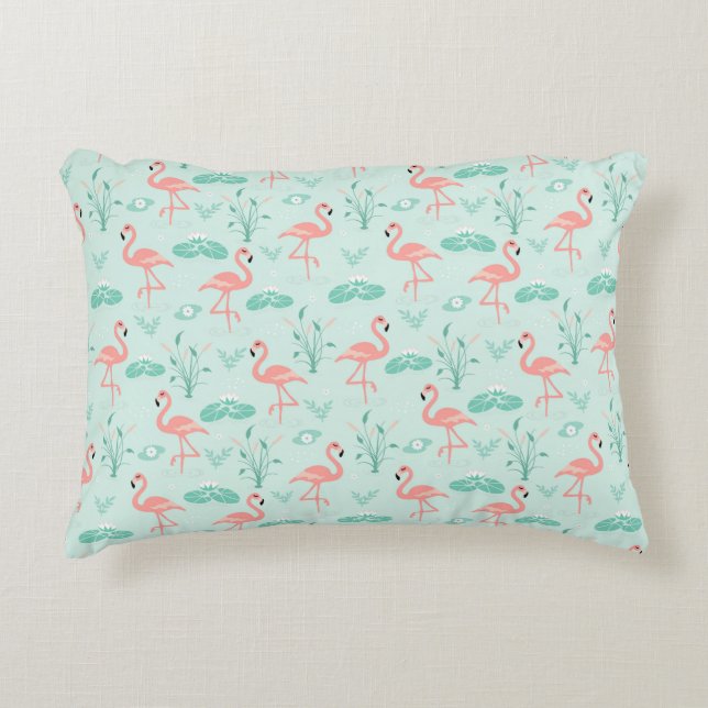 Flamingos Pink Green Tropical Birds Trendy  Decorative Cushion (Front)