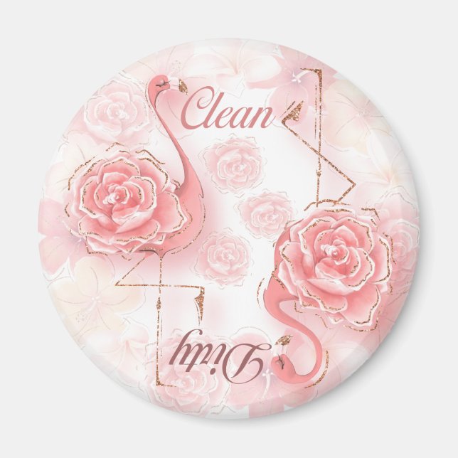 Flamingos Pink Roses Dirty Clean Dishwasher Magnet (Front)