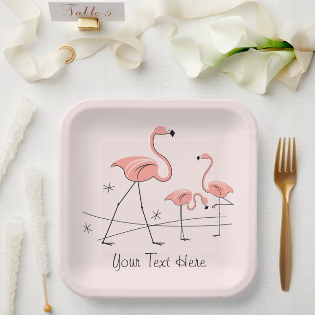Flamingos Pink Trio 2 Text square Paper Plate (Wedding)