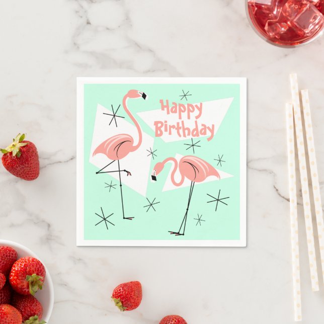 Flamingos Retro Green Happy Birthday Napkin (Insitu)