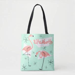 Flamingos Retro Green Name all over multi back Tote Bag