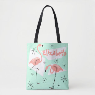 Flamingos Retro Green Name all over multi back Tote Bag