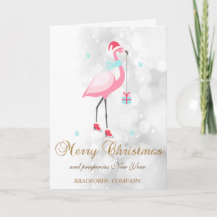 Flamingos Santa Hat Presents Bokeh Company Holiday Card