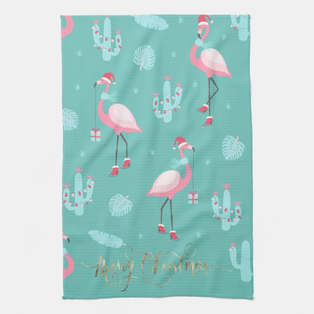  Flamingos Santa Hat Presents Snowflakes  Tea Towel (Vertical)