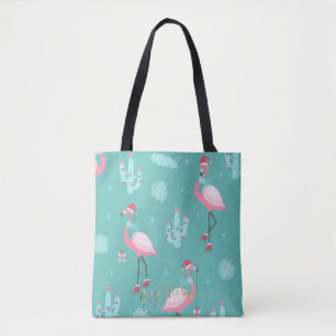 Flamingos Santa Hat Presents Snowflakes   Tote Bag
