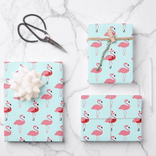 Flamingos Santa Pink Flamingo Blue Christmas Wrapping Paper Sheet (Front)