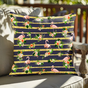 Flamingos Tropical Floral Stripes Cushion