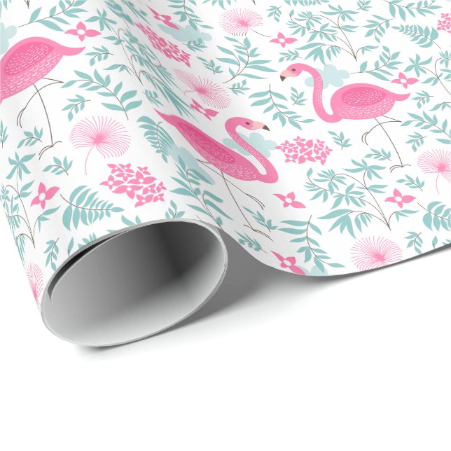 Flamingos & Tropical Flowers Illustration Pattern Wrapping Paper (Roll Corner)