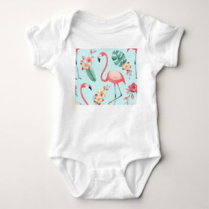 Flamingos Tropical Flowers Watercolor Pattern Baby Bodysuit