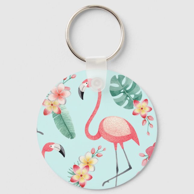 Flamingos Tropical Flowers Watercolor Pattern Key Ring (Front)