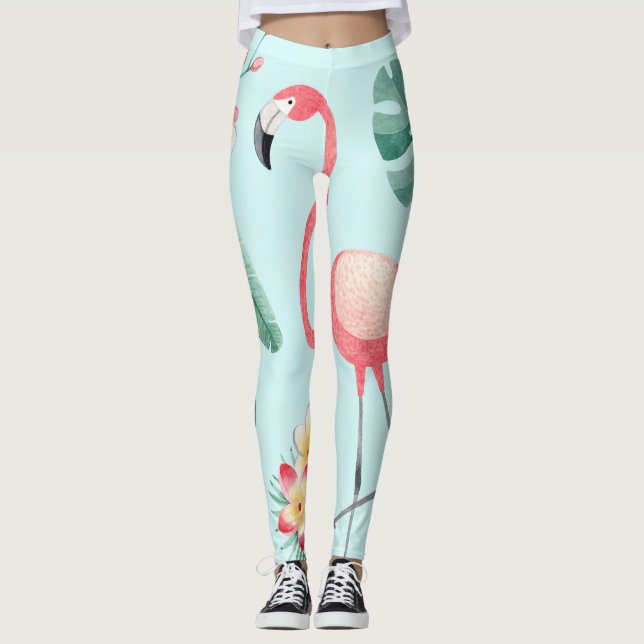 Flamingos Tropical Flowers Watercolor Pattern Leggings (Front)