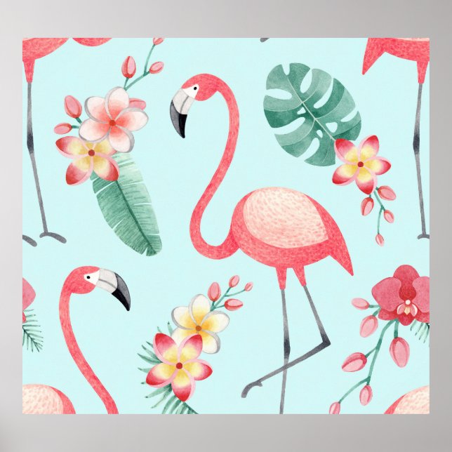 Flamingos Tropical Flowers Watercolor Pattern Poster (Front)