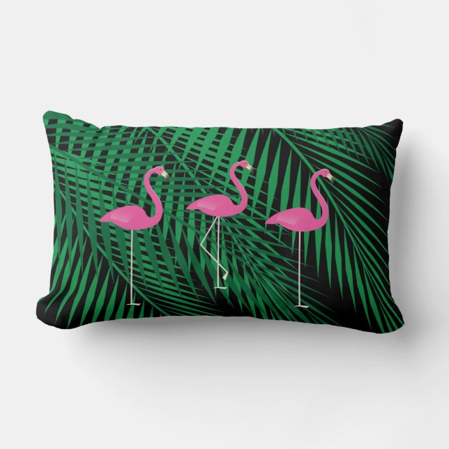 Flamingos & Tropical Palm Leaves on Black Sky Lumbar Cushion (Front)
