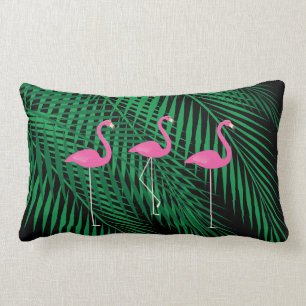 Flamingos & Tropical Palm Leaves on Black Sky Lumbar Cushion