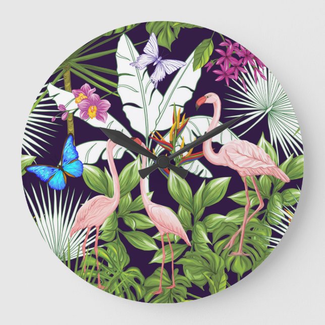 Flamingos, tropical plants: vintage pattern. large clock (Front)