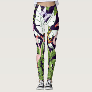 Flamingos, tropical plants: vintage pattern. leggings