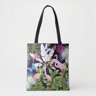 Flamingos, tropical plants: vintage pattern. tote bag