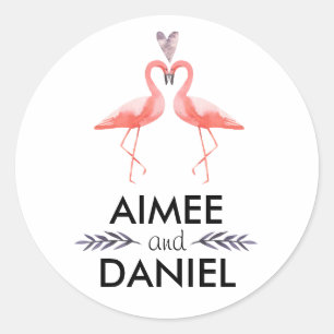 Flamingos tropical wedding   kissing pink flamingo classic round sticker