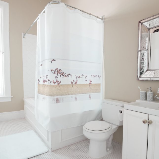 Flamingos Walking And Flying At The Beach. Shower Curtain (In Situ)