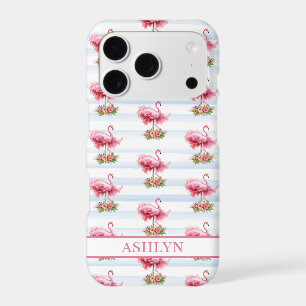 Flamingos with Flowers on Watercolor Stripes