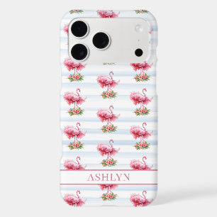 Flamingos with Flowers on Watercolor Stripes