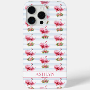 Flamingos with Flowers on Watercolor Stripes iPhone 15 Pro Max Case