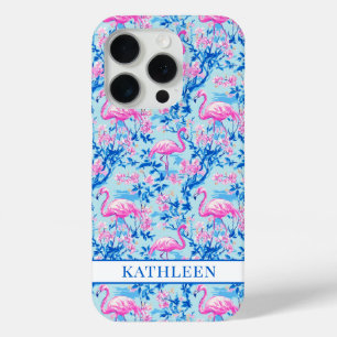 Flamingos with Pink Flowers Monogrammed iPhone 15 Pro Case