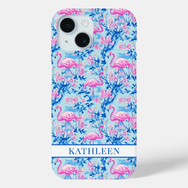 Flamingos with Pink Flowers Monogrammed Case-Mate iPhone Case (Back)