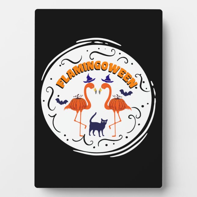 Flamingoween Vintage Pumpkin Flamingo Witch Plaque (Front)