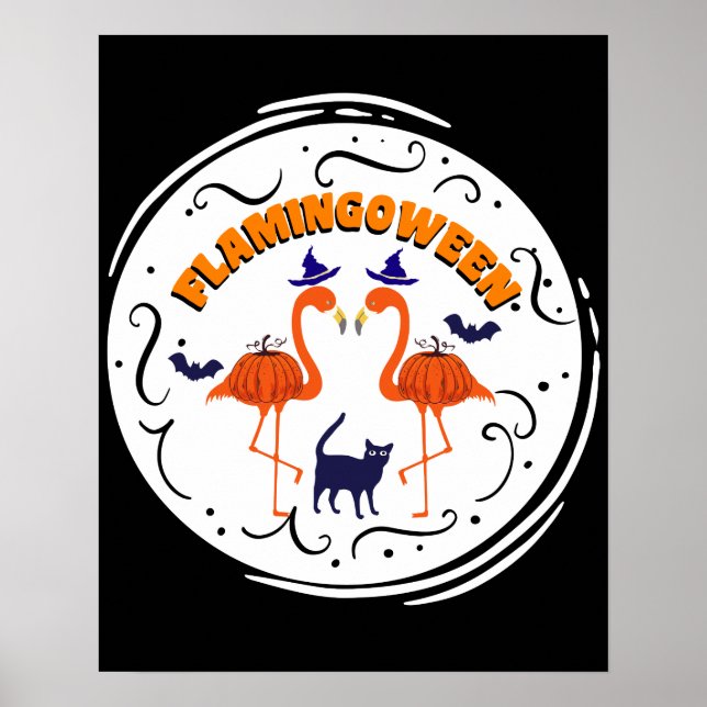 Flamingoween Vintage Pumpkin Flamingo Witch Poster (Front)