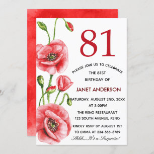 Flanders Poppy Watercolor 81st Birthday Party Invitation