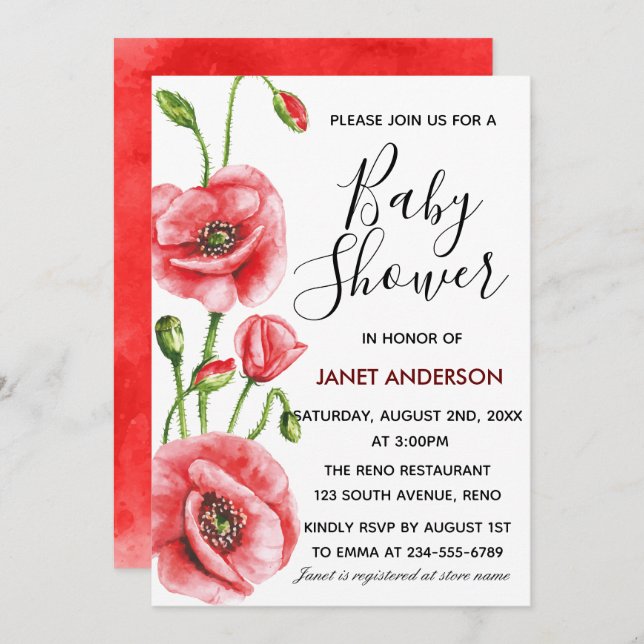 Flanders Poppy Watercolor Baby Shower Invitation (Front/Back)