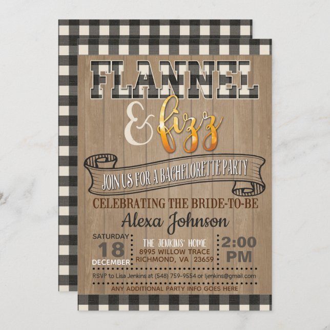 Flannel and Fizz Bachelorette Party - White Invitation (Front/Back)
