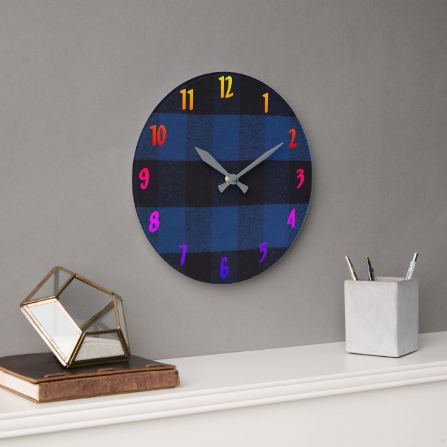 Flannel Buffalo Plaid Blue lumberjack texture 1 Large Clock (Office)