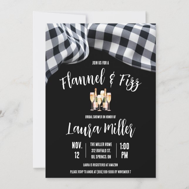 Flannel & Fizz, Plaid, Champagne Bridal Shower Invitation (Front)