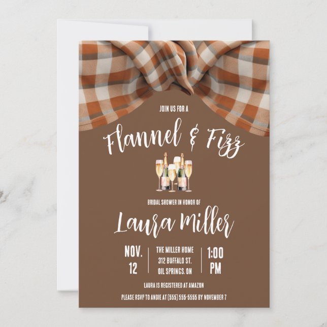 Flannel & Fizz, Plaid, Champagne Bridal Shower Invitation (Front)