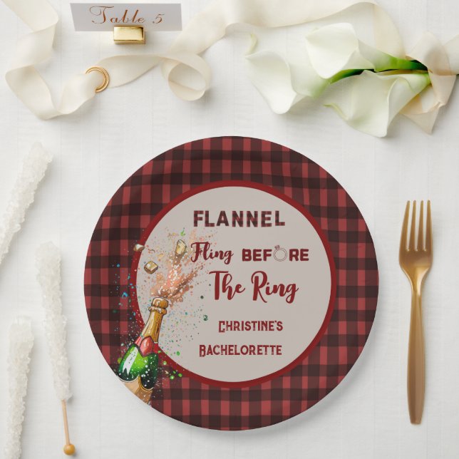 Flannel Fling before ring   red plaid bachelorette Paper Plate (Wedding)