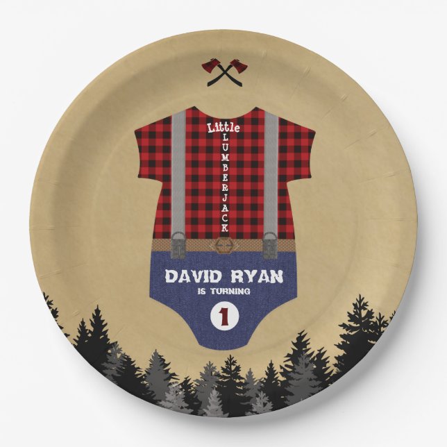 Flannel Up Baby Suit Lumberjack First Birthday Paper Plate (Front)