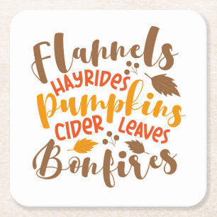 Flannels Hay Rides Pumpkins Cider Leaves Bonfires Square Paper Coaster
