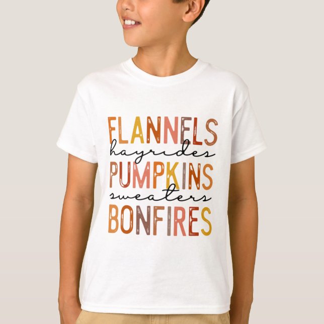 Flannels Hayriders Bonfires Pumpkins Leopard Fall  T-Shirt (Front)