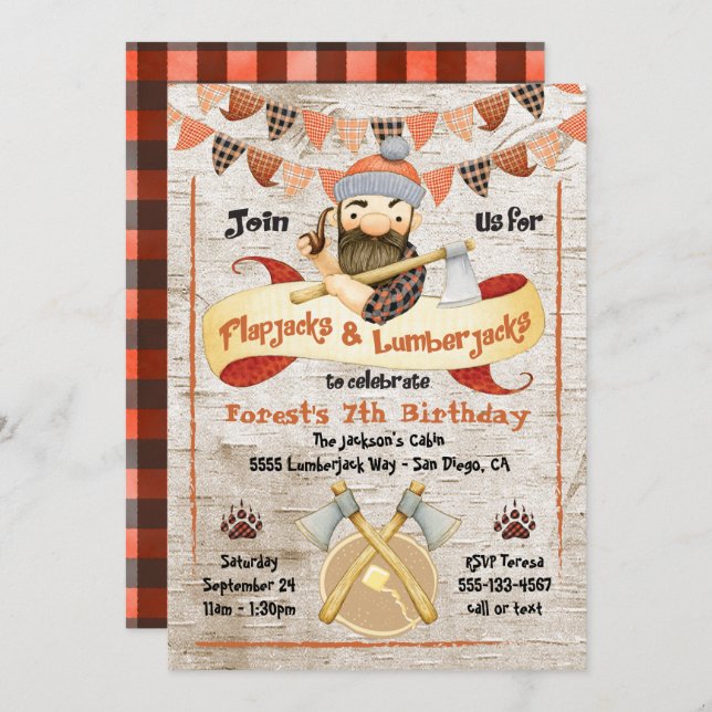 Flapjacks and Lumberjacks Birthday Party invites (Front/Back)
