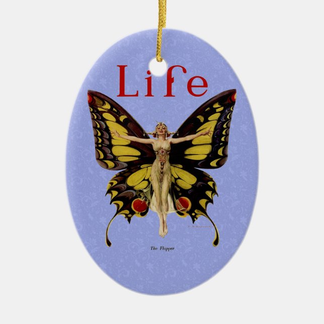 Flapper Butterfly Flying Woman Illustration Ceramic Tree Decoration (Front)