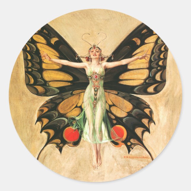 Flapper Butterfly Flying Woman Illustration Classic Round Sticker (Front)