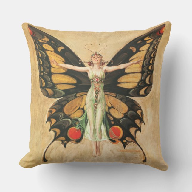 Flapper Butterfly Flying Woman Illustration Cushion (Front)