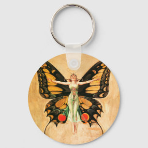 Flapper Butterfly Flying Woman Illustration Key Ring