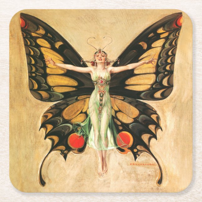 Flapper Butterfly Flying Woman Illustration Square Paper Coaster (Front)