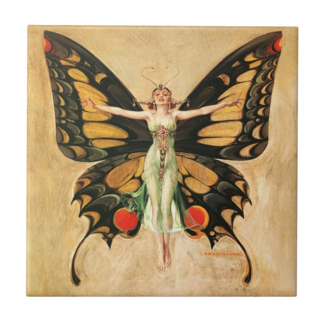 Flapper Butterfly Flying Woman Illustration Tile (Front)