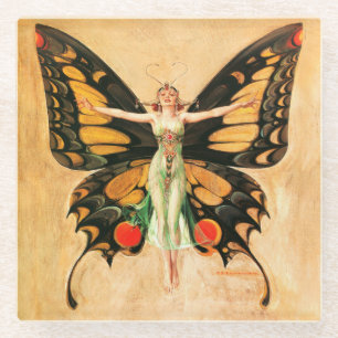 Flapper Butterfly Leyendecker Woman Illustration Glass Coaster