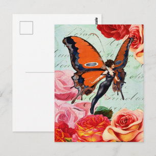Flapper Butterfly Rose Vintage Design Postcard