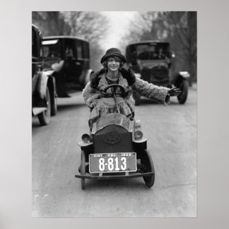 Flapper Driving Pedal Car, 1924. Vintage Photo Poster